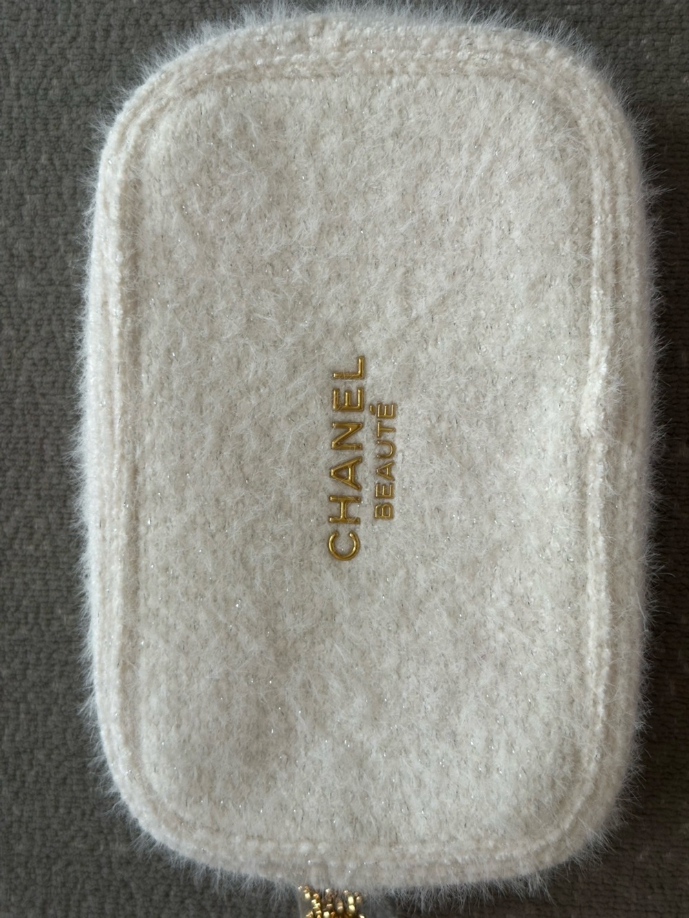 CHANEL Cream Wool Beauté Pouch with Gold Logo